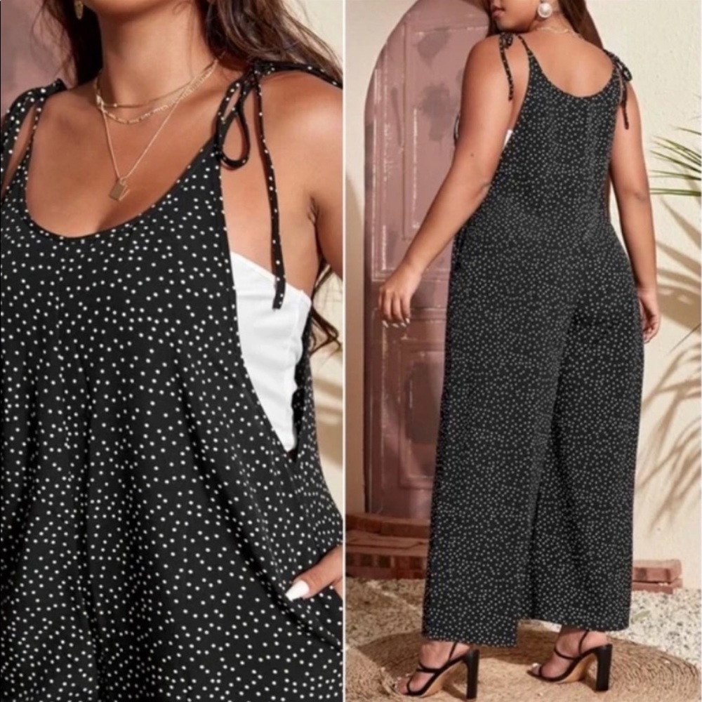 Plus Polka Dot Knot Shoulder Cami Pocket Wide Leg Jumpsuit Dress GREEN - Picture 5 of 6